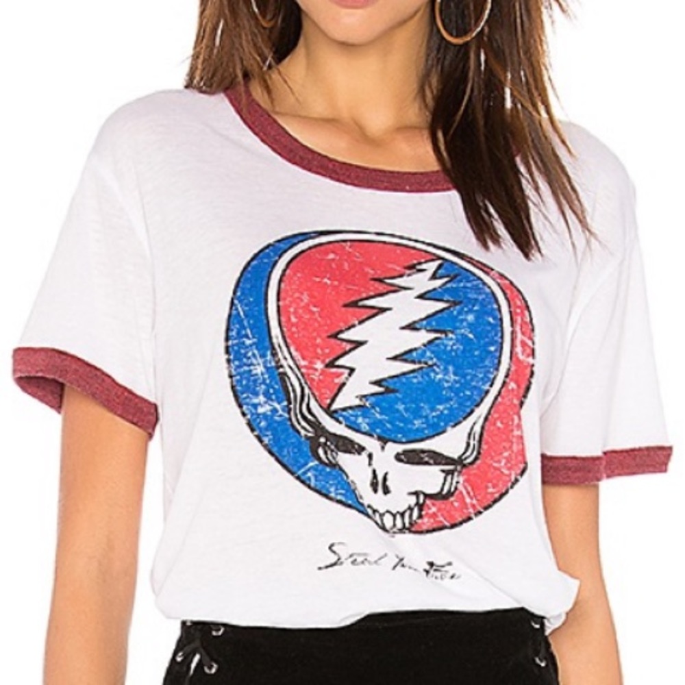 Chaser White Ringer Tee with Red and Blue Grateful Dead Steal Your Face Graphic